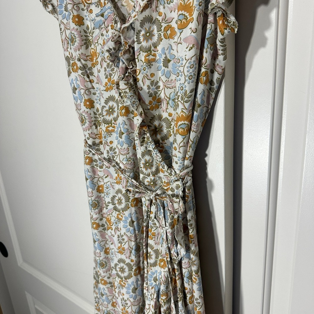 Faherty Carmen Floral Print Wrap Midi Dress Ruffle Short Sleeve Hi Low Small - Picture 4 of 7